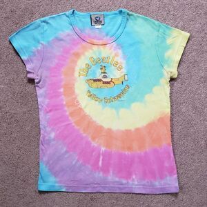 Vtg Y2k Liquid Blue The Beatles Yellow Submarine Spiral Tie Dye Tee Larg Juniors